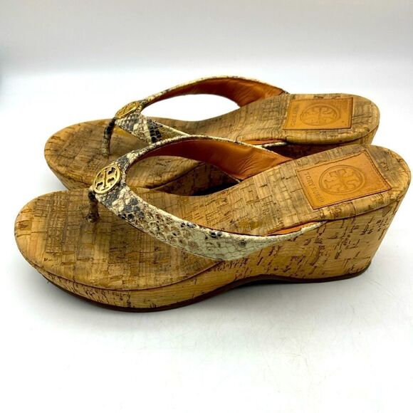 Tory Burch Thora Shake Print Leather/Cork Wedge Sandals Size 7,5 - Picture 3 of 8